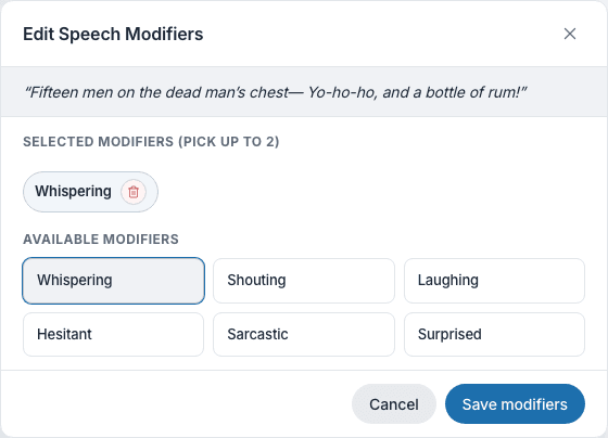 Edit Delivery Cues modal with a selected cue, removable selected chip, and Save cues button