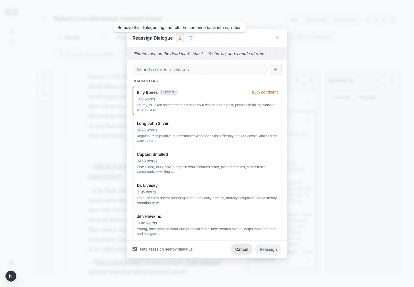 Reassign Dialogue modal with the remove-dialogue button highlighted by a tooltip