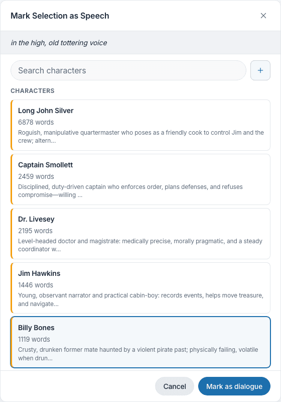 Mark Selection as Speech modal with selected manuscript text and speaker choices