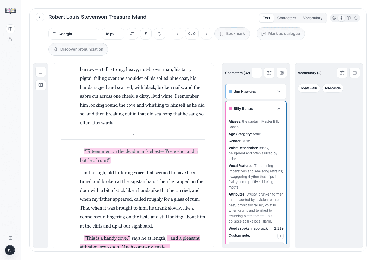 PrepBoss Text tab for the requested Treasure Island book with the app sidebar and page-preview panel collapsed